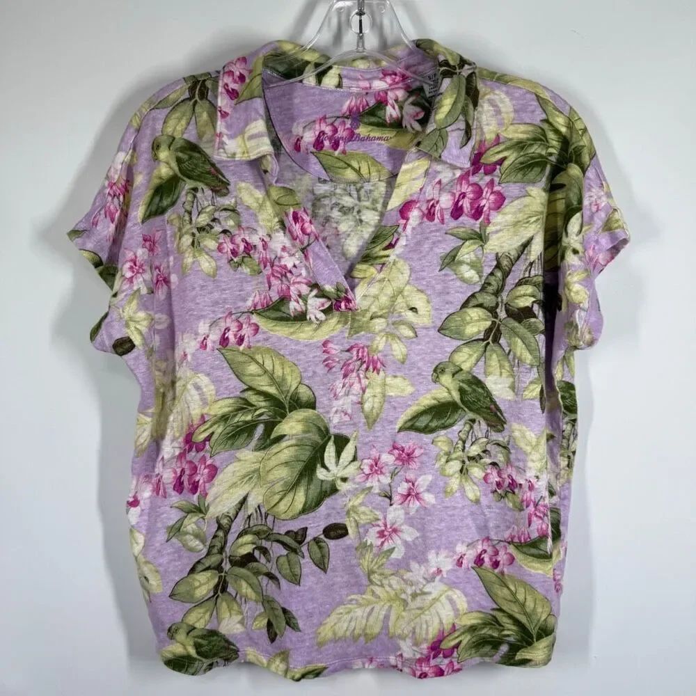 Tommy Bahama women’s floral V neck 100% linen top size small